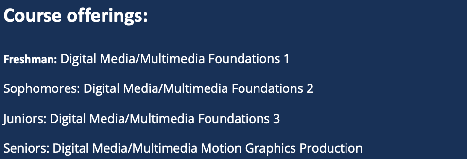 Course offerings:  Freshman: Digital Media/Multimedia Foundations 1  Sophomores: Digital Media/Multimedia Foundations 2  Juni